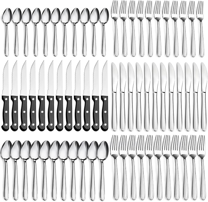 Pleafind 72-Pieces Silverware Set for 12, Flatware Set with Steak Knives, Stainless Steel Cutlery Set, Include Forks Spoons and Knives Set, Dishwasher Safe Utensil Sets for Home Restaurant