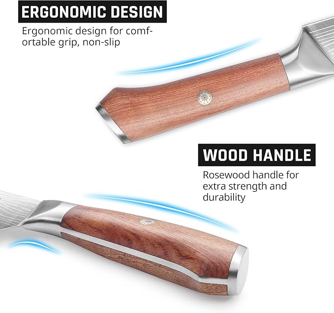 YOTSUBA 8 PCS Japanese Kitchen Knife Set with Block, Ultra Sharp Knives Set | Ergonomic Premium Natural Rosewood Handle, High Carbon Stainless Steel, Full Tang Construction, Poke-Proof Construction