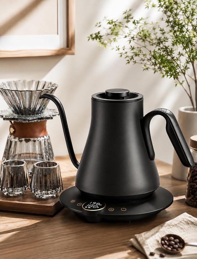 Cocinare Gooseneck Electric Kettle, ±1°F Precise Temperature Control, 1500W Fast Heating, Pour Over Coffee & Tea Kettle with Brew Timer & Keep Warm, Stainless Steel, 0.9L (Matte Black)