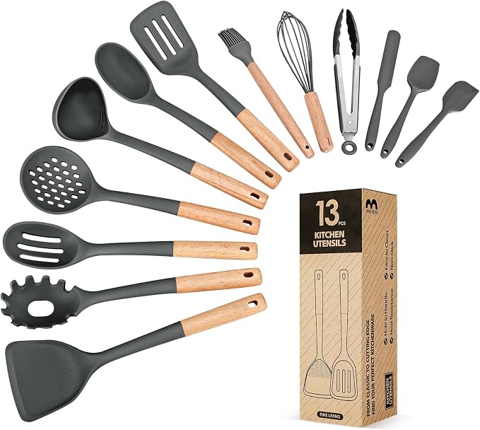 13PCS Silicone Kitchen Utensils Set for Nonstick Cookware, Grey | Food Grade, Heat Resistant Kitchen Utensil Spatula Set, Wooden Handles Kitchen Gadgets Tools Set