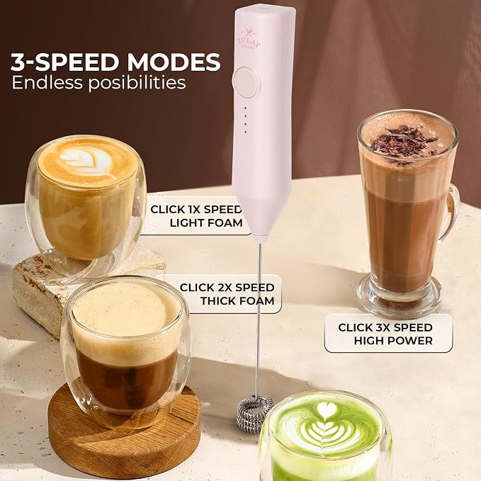 Zulay Kitchen Rechargeable Milk Frother Handheld - Frother Wand, Drink Mixer, Electric Whisk Frother, for Cappuccinos, Matcha & Protein Powder - Dynamic Triple Whisk, 3 Speed 500mAh Cotton Candy Pink