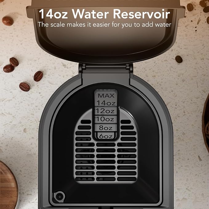 Single Serve Coffee Maker – Brew with Coffee Pods & Grounds, Compatible with Kcup Coffee Pods, Small Sizes Up to 6 8 10 12 14 Oz, 14 Oz Water Reservoir, Easy to Clean for Office Travel Home, Black | 6–14oz adjustable brew sizes, 14oz reservoir, self-cl...