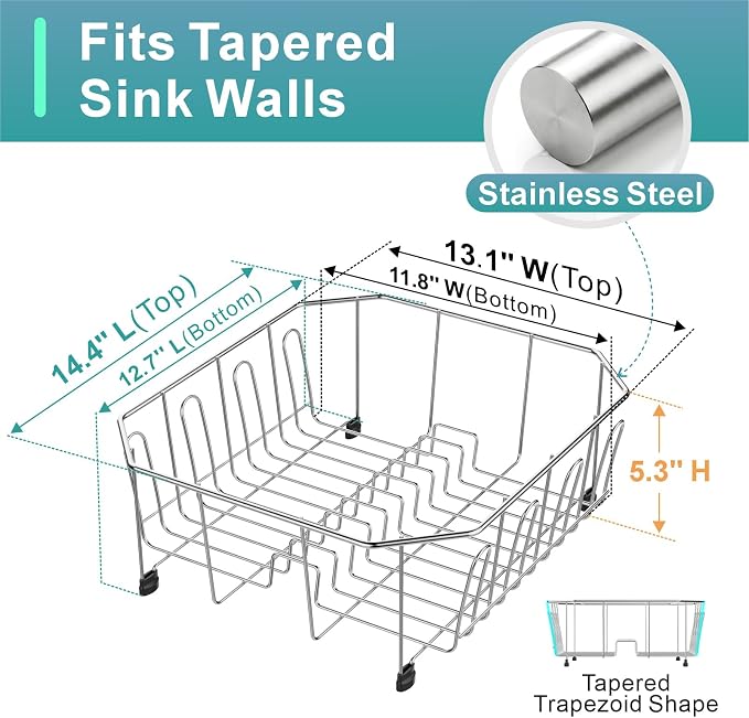 Small in Sink Dish Drying Rack - Stainless Steel for RV Kitchen | Compact Design, Rust-Resistant, Angled Corners Fit Square & Round Sinks, Removable Utensil Holder, Cup Hooks, 13.1"W x 14.4"L