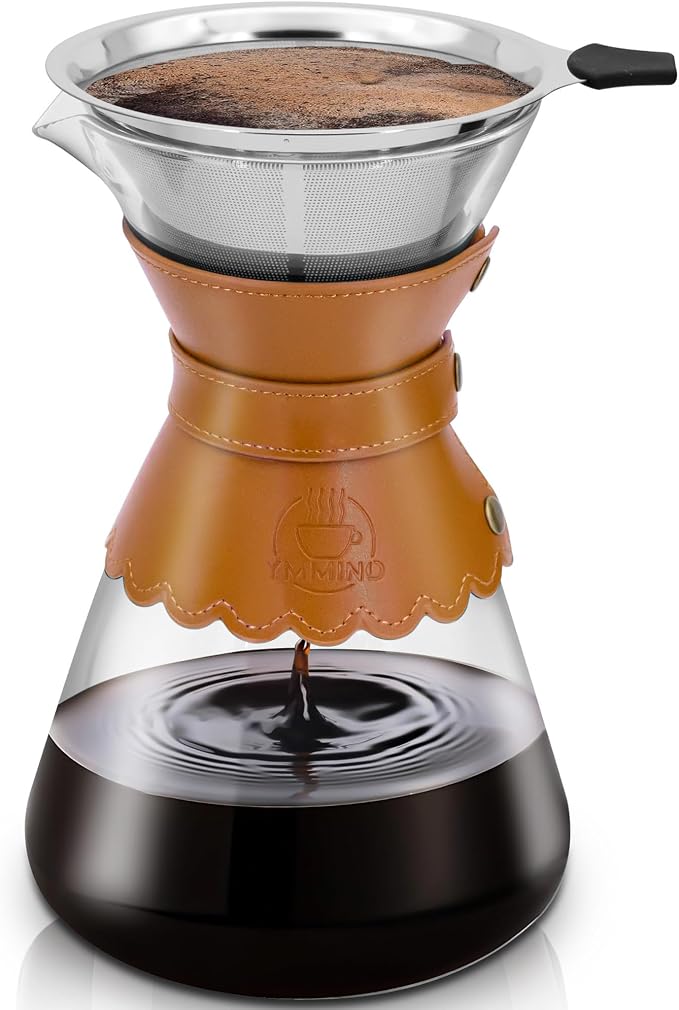 YMMIND 34oz Pour Over Coffee Maker with Double Layer Stainless Steel Filter, Borosilicate Glass Dripper, Detachable Heat-Resistant Leather Pad 7-8 Cups Coffee Maker Carafe（Light brown）