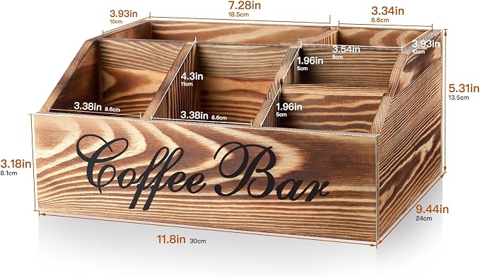 Wood Coffee Station Organizer for Counter | Farmhouse Coffee Bar Organizer | Coffee Pods Holder Bar Accessories | Tea Condiment Basket | Home Decor