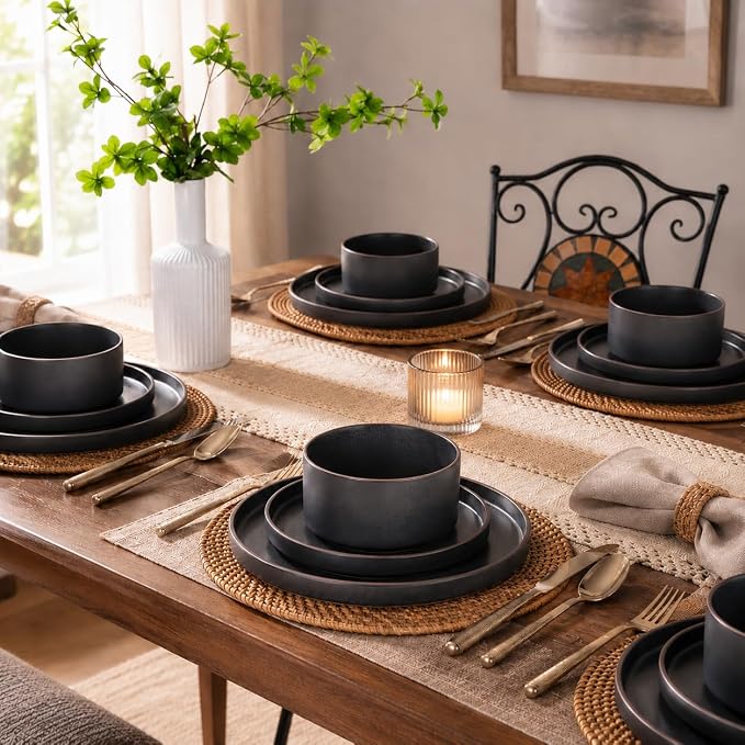 LERATIO Stoneware Dinnerware Sets for 8,24-Piece Matte Plates and Bowls Set | Handmade High Edge Rim Dish Set,Oven & Microwave,Dishwasher Safe,Scratch Resistant-Ashen