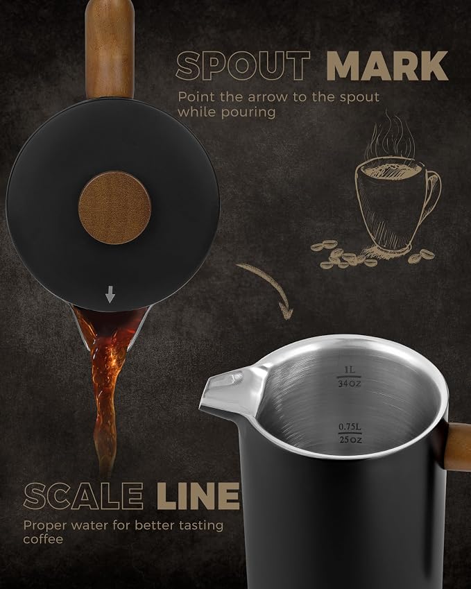 POLIVIAR French Press Coffee Maker, 34 Ounce Coffee Press with Real Wood Handle, Double Wall Insulation & Dual- Filter Screen, Food Grade Stainless Steel for Good Coffee and Tea (Vintage) | Real Wood Handle Coffee Press, Double Wall Insulation, Dual-Fi...