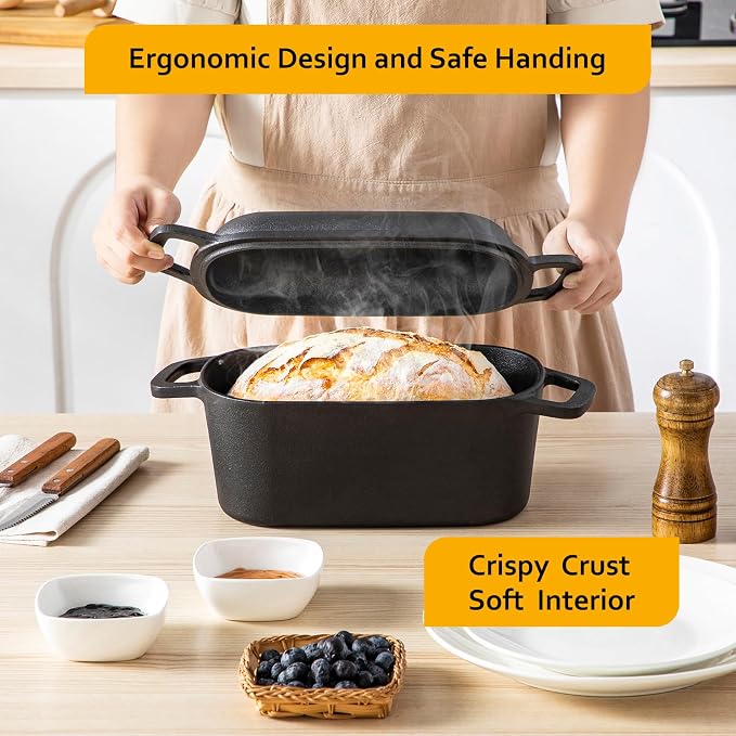 Velaze 3.6 QT Oval Cast Iron Dutch Oven for Bread Baking, Offset Handles | Bread Pan with Lid for Sourdough Sandwich,Small Households Baking,Gift for Bread Bakers,Deep Base,Oven Safe,Black