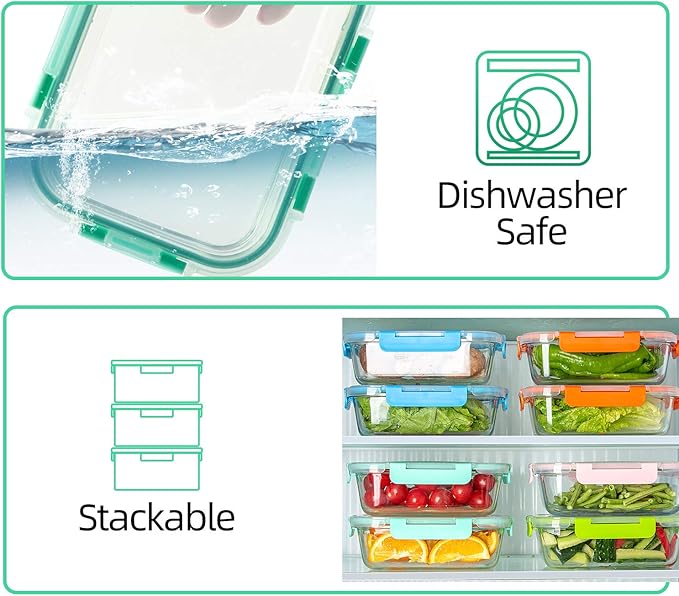 C CREST [10-Pack Glass Food Storage Containers (A Set of Five Colors), Meal Prep Containers with Lids for Kitchen, Home Use - Airtight Glass Lunch Boxes