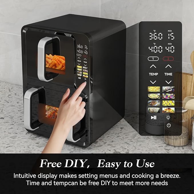 12QT Double Air Fryer with 2 Stacked Racks, Dual Basket Air Fryers | Feeds Up to 10 People, 8-in-1 Presets with Digital Touchscreen to Free DIY, Compact Design, Easy to Clean, Black