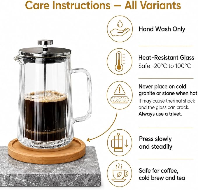 French Press Coffee Maker – 650ml / 22oz – Ribbed Glass Design – Borosilicate Glass with Stainless Steel Filter –Serves Small 4–5 cups
