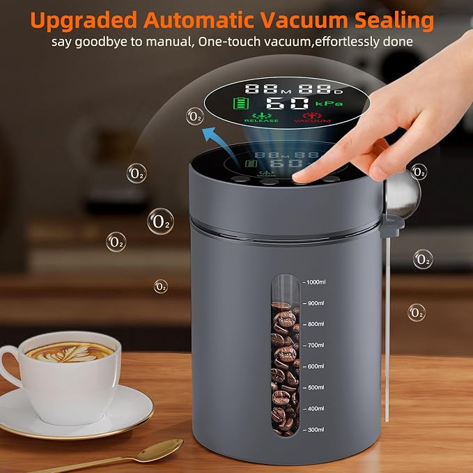 Automatic Vacuum Coffee Canister, 1.3L Airtight Food Storage Container | with Smart Pressure Sensor, Electric Coffee Bean Container Rechargeable with LED Display Window for Home Kitchen Food Storage