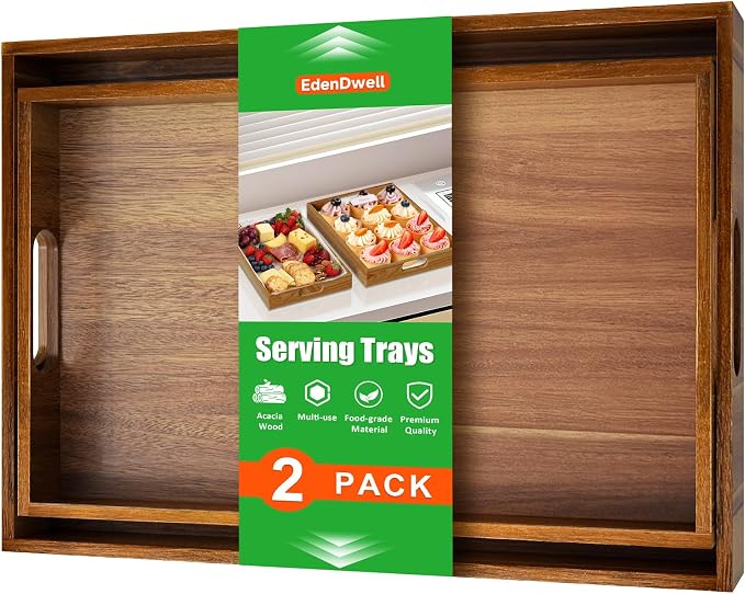 Serving Trays - 2 Pack, Large | Acacia Wood Serving Platters with Ergonomic Handles, Versatile Rustic Decorative Trays for Breakfast, Brunch, Dinner