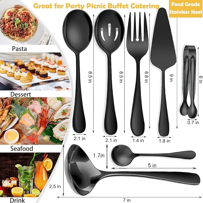 8 PCS Stainless Steel Serving Utensils, Large Serving Spoons Slotted Spoons, Forks, Ice Suger Tongs, Cake Server, Soup Ladle, Metal Utensils Set Great for Buffet Catering Banquet Party, Black