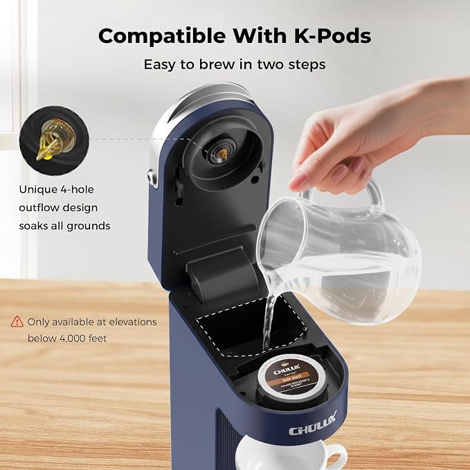 CHULUX Slim Single Serve Coffee Maker for K Cup, One Cup Design, Matte Navy