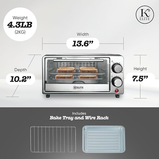 Kitchen Elite Toaster Oven, Compact Countertop Appliance with Bake Tray, Wire Rack, Adjustable Timer, and Temperature Control, Black