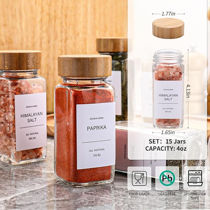 DIMBRAH Spice Jars with Label 24Pcs,Seasoning Containers,Glass Spice Jars with Bamboo Lids,Kitchen Essentials,Spices Container Set,Kitchen Set,Seasoning Organizer,A total of 96 oz