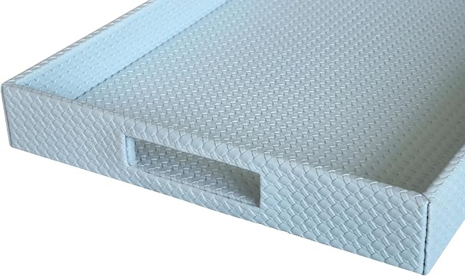 HofferRuffer Rectangle Serving Tray with Hole Handles for Coffee Table, Breakfast, Tea, Food, Butler - Countertop, Kitchen, Vanity Serve Tray, 16.2 x 12.2 x 2 inches, Faux Leather (LightBlue)