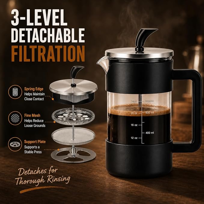 French Press Coffee Maker, 34 oz / 1000 ml Glass Coffee Press with 3-Level Stainless Steel Filter, Easy-Read Measurements, Protective Outer Shell and Ergonomic Handle, Black