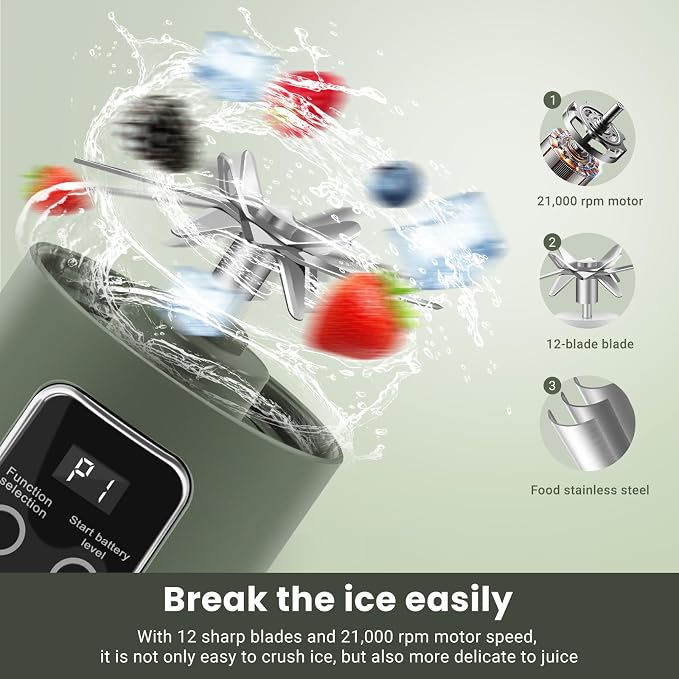 Personal Blender 500ml, USB-C, Ice Crush | BPA-free PCTG cup,304SS blades,50W ice crush,USB-C rechargeable,500ml lightweight,for gym/outdoor/beach/office/travel