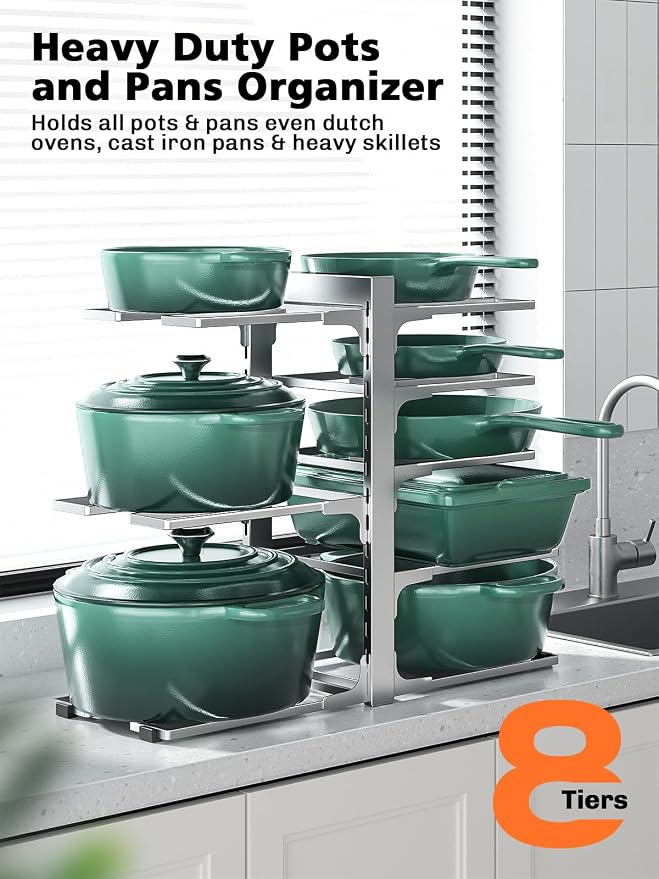 MUDEELA 8-Tier Heavy Duty Pots and Pans Organizer, 15.83" H Sliver | Adjustable pot rack, Holds frying pans and cast iron skillets, Heavy-duty steel. Fits under cabinet, Easy Assembly