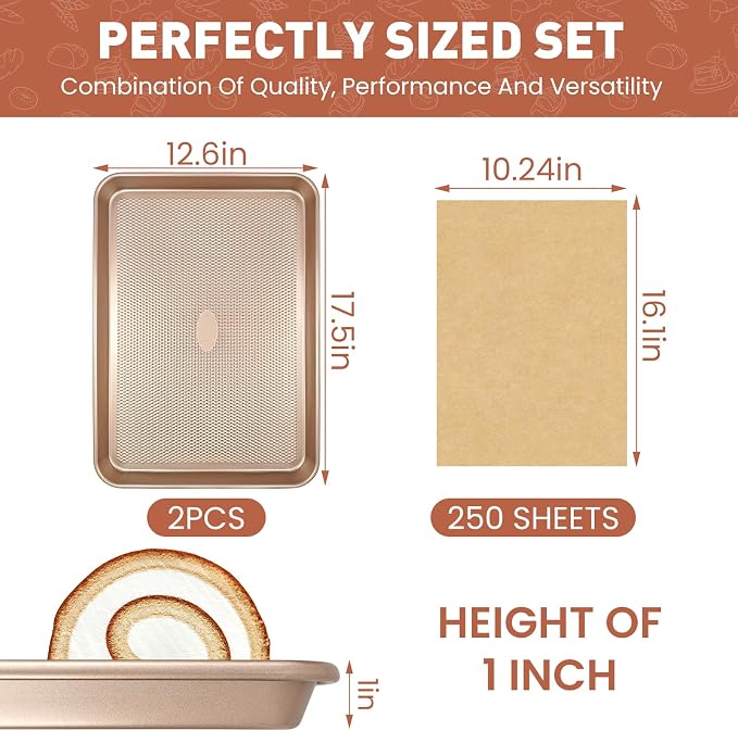 2-Pack Heavy Duty Baking Sheets with 250 Pre-Cut Parchment Papers | 17.5"x11.8" Nonstick Carbon Steel Cookie Sheets for Oven | Warp-Resistant Half Sheet Pans for Meal Prep & Roasting