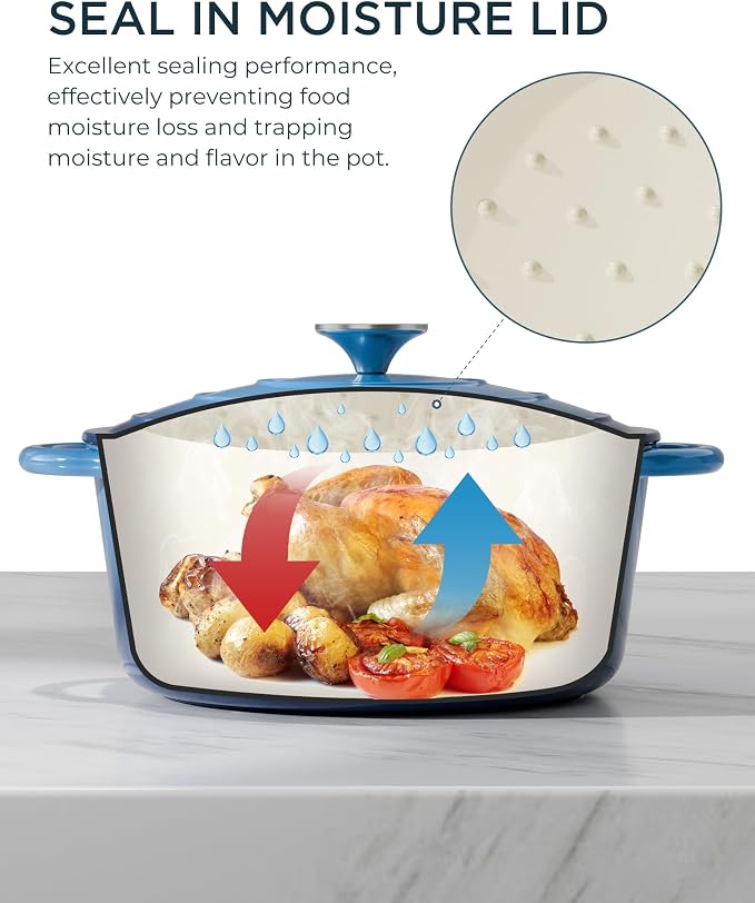 Enameled Cast Iron Dutch Oven - 7.5QT Dutch Oven Pot with Lid & Cotton Potholders - Heavy-Duty Non Stick Casserole Pot for Braising, Stews, Roasting, Baking, Suitable for All Stovetops, Navy Blue