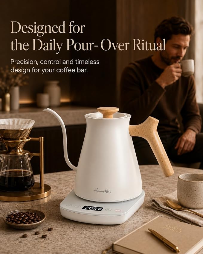 Harriet Gooseneck Electric Kettle, 0.8L, 1°F Control, Brew Timer | 120-Min Keep Warm, 104–203°F Control, Built-In Brew Timer, SUS304 Stainless Steel, Wood-Accent Handle for Pour-Over Coffee