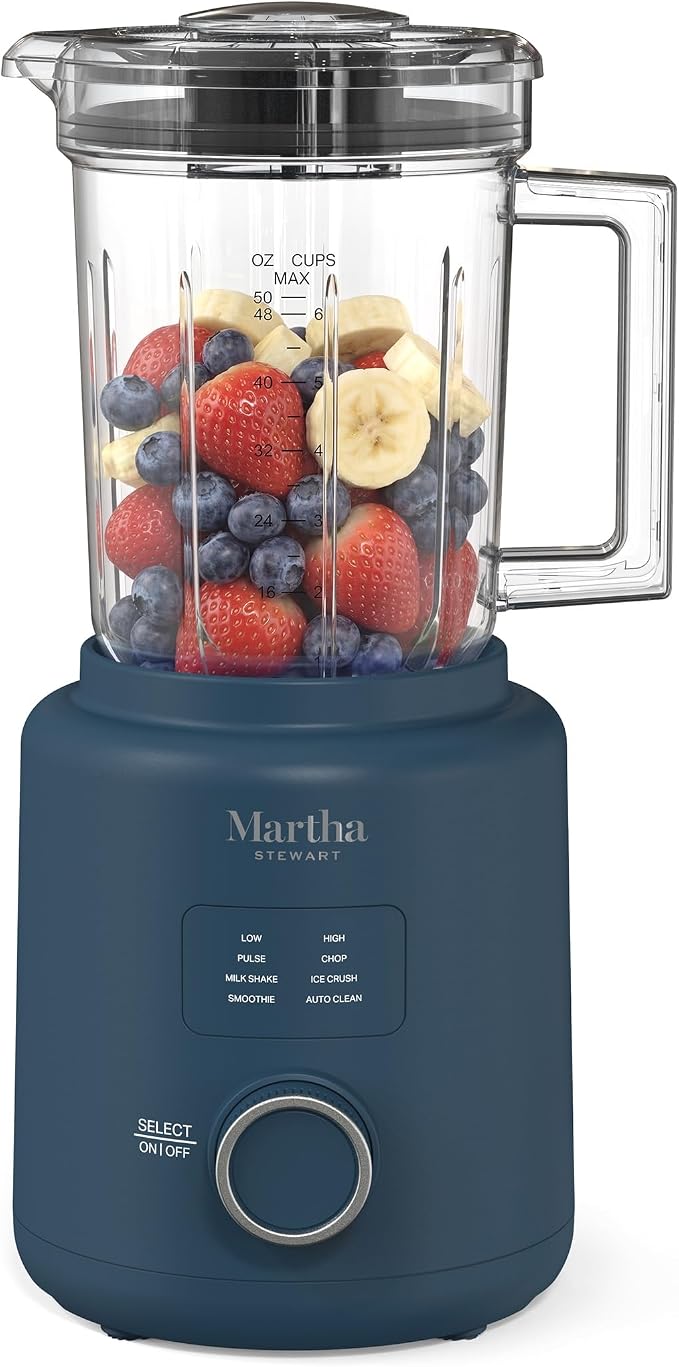 Martha Stewart 50oz Countertop Blender, 3 Speeds, 5 Presets, Indigo Blue | BPA-Free Pitcher, Smoothies, Margaritas, Milkshakes & Ice Crushing, Stainless Steel Blades, Auto-Clean, Dishwasher-Safe Parts