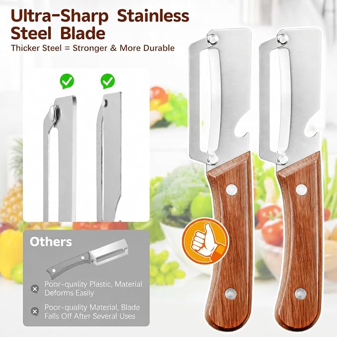 2-Pack Right-Hand Vegetable Peeler with Bottle Opener, Thickened Stainless Steel Wide Blade for Smooth Peeling, Wooden Handle Kitchen Peeler for Fruits & Vegetables