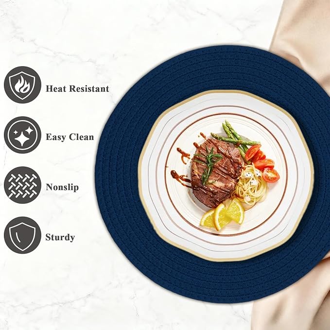 Round Placemats Set of 6, Cotton Rope Woven Table Mats, Hot Pads for Kitchen, Non Slip Heat Resistant Place Mats, 13 Inches Braided Placemat for Farmhouse Decor and Kitchen Table Decor (Navy Blue)