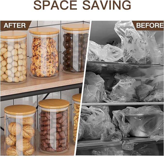 6Pcs 37oz Glass Storage Jars, Airtight Bamboo Lid Containers With Labels | Moisture Barrier Seal, Transparent Visible Tank, Ample Capacity, Cabinet Space Saving, Simple Sort Marking