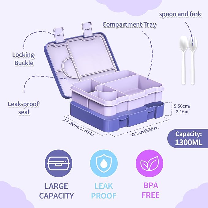 Bento Lunch Box for Kids, Leak-Proof 5-Compartment Cute Lunchbox for Boys Girls, Drop-Proof, Food Container Microwave & Dishwasher Safe, Back to School Supplies for Ages 3 to 7, Purple/Butterfly