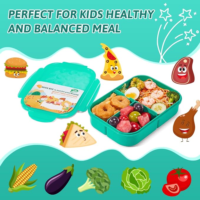 MISS BIG® Bento Lunch Box for Kids, 1150ml, 3 Compartments, Green | Green kids bento lunch box for school food, daycare meals, snacks, light lunch, picnic, and travel.