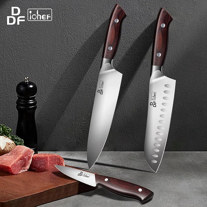 3 Piece Knife Set, High Carbon Stainless Steel and Pakkawood Handles | Japanese Kitchen Knife Set with Ergonomic Full-Tang Wooden Handle, Sharp Chef Knife Set in Gift Box