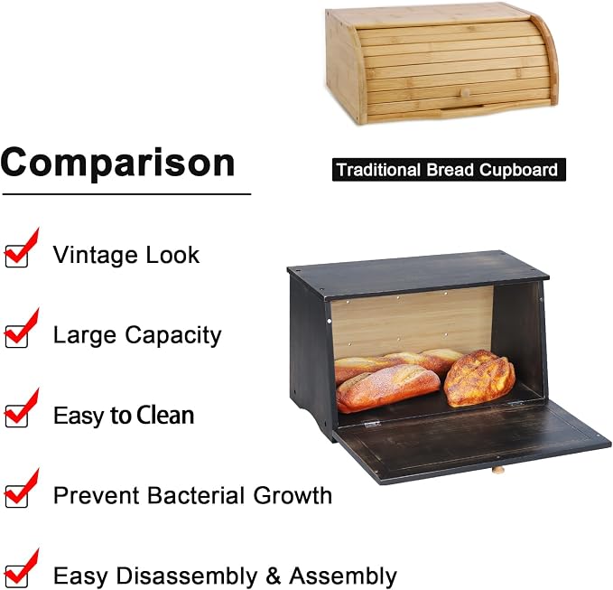 HOMEKOKO Vintage Wood Bread Box for Kitchen Counter,Retro Storage Bin,Black | Retro Farmhouse Style, Holds 2 Loaves, Breathable Design Keeps Bread Fresh For 3–4 Days, Suitable For Rustic/Vintage Kitchen