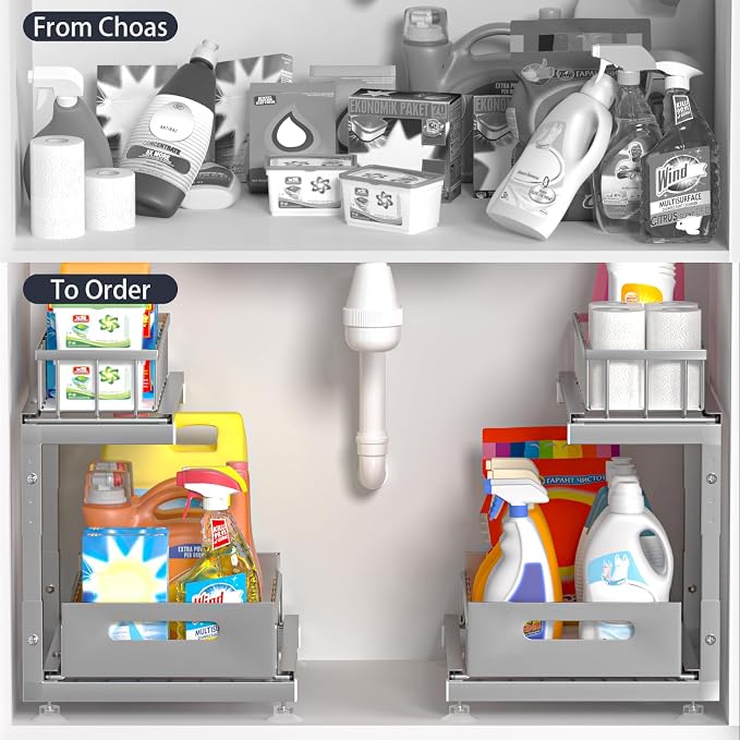 L-Shaped Under Sink Organizer, 2-Tier Pull-out Cabinet Rack 1-Pack | Grey Height-Adjustable Metal Rack, Sliding Grid Drawers with Safety Stopper, Holds 100 Lbs, Ideal Kitchen Cabinet Storage