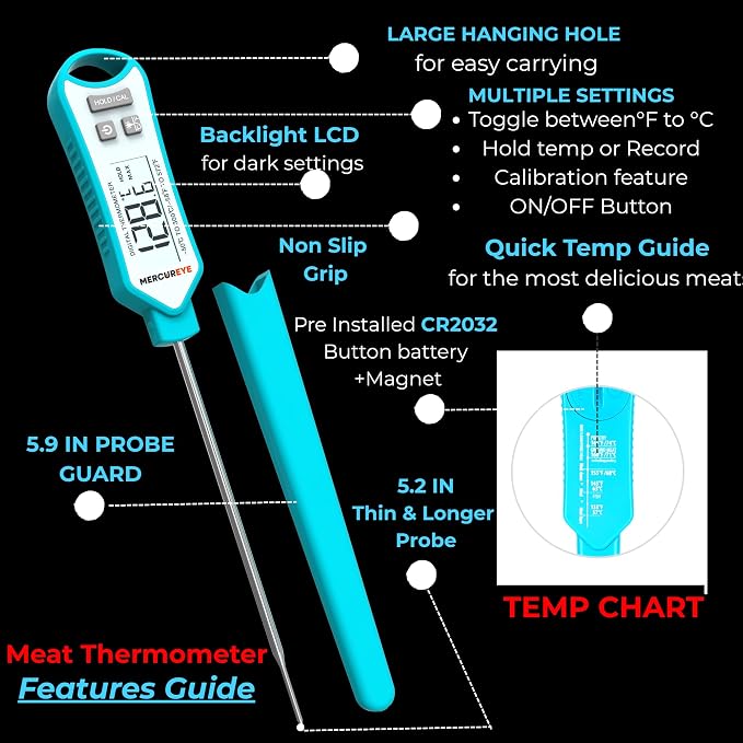 Meat Thermometer Digital, Instant Read Food Thermometer – Waterproof Nonslip Grip Kitchen Timer & Temp Chart Thermometer for Cooking Candy, Oil Fry Indoor & Outdoor Grilling Smoker Roast