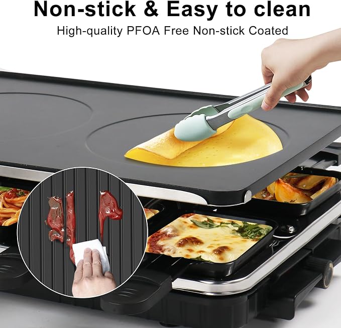 Raclette Table Grill 2-in-1 Korean BBQ Smokeless Indoor Grill, 8 Pans 1300W | Electric Griddle with Nonstick Surface & Adjustable Temp Control, KBBQ Table Grill for Family Gatherings, Dining & Parties