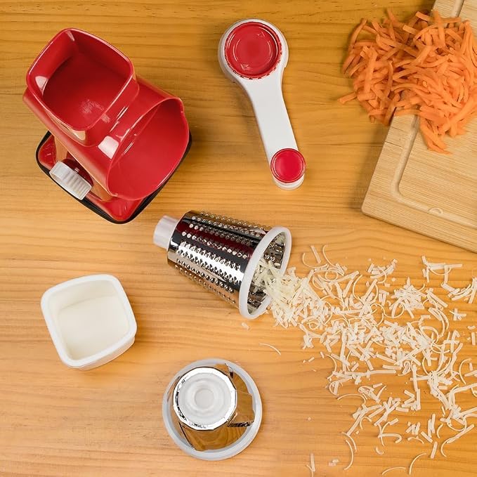 Rotary Cheese Grater Hand Crank Red - Shredder Slicer Grinder 3 Stainless Steel Blades, Stable Suction, Labor-Saving Handle, Safe Kitchen Tool for Cheese, Vegetable, Nuts, Chocolate