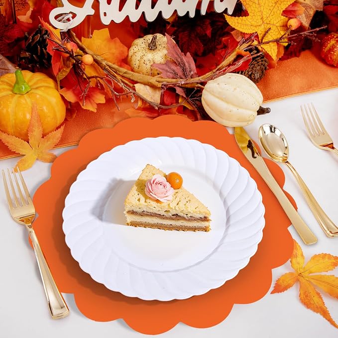 50 Pcs Orange Paper Placemats, 13.5 Inch Disposable Scalloped Placemat Decorative Placemats for Birthday Wedding Baby Shower Banquet Tea Party