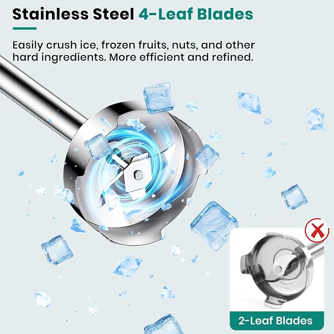 Colarlemo 1800W Immersion Blender Handheld 4-in-1 Hand Blender, Silver | Stick Blender for Ice Crushing Smoothie, Baby Food, 8 Speed & Turbo Boost, Stainless Steel Blade with Whisk, Chopper, Beaker