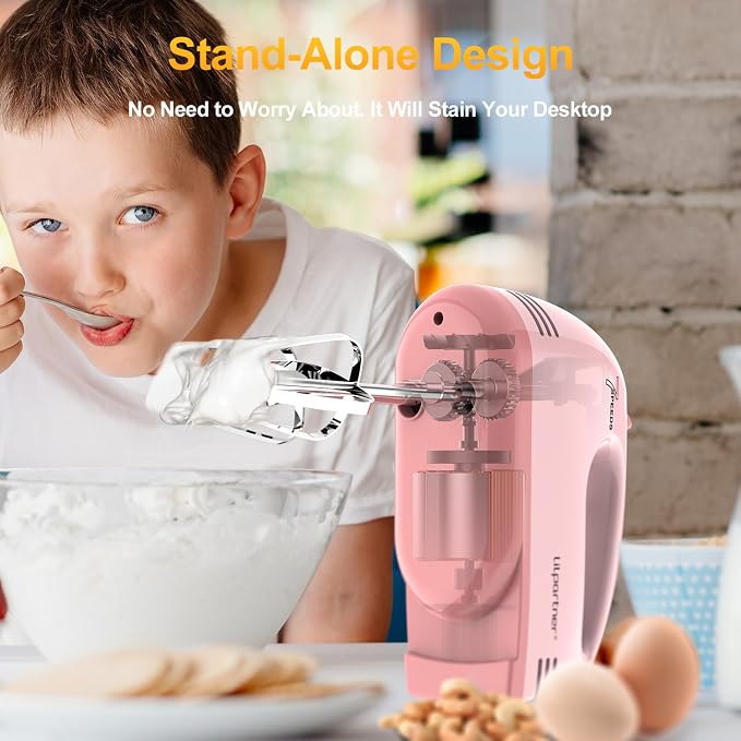 LILPARTNER Hand Mixer Electric, 7*Speed 5 * 304 Accessories, Light Pink