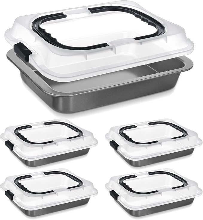 Qinyoung 4 Pcs Black Gray Cake Pan with Lid and Handle, 9 X 13 Inch | Non-stick, Rectangle Sheet Cake Pan, Covered Carrier, Brownie Roasting, Cooking, Baking