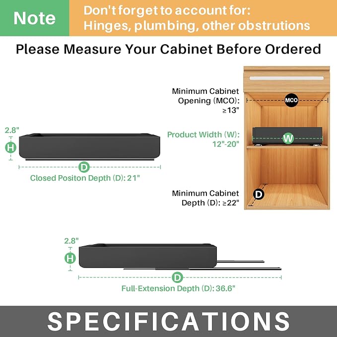 6 Pack Pull out Cabinet Organizer, Expandable(12"-20") Heavy Duty Slide out Drawer Fixed with Adhesive Nano Film for Pots, Roll out Shelf Storage for Kitchen Organization, Pantry, Bathroom(Black)