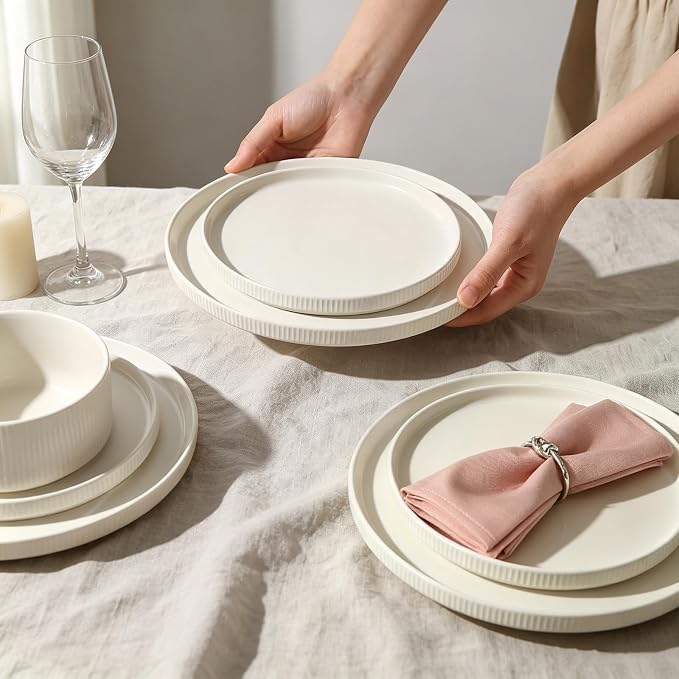 Stoneware Dinnerware Sets for 4, 12Pcs Plates and Bowls Set, Cream White | Handmade Reactive Glaze Ceramic Dishes, Microwave and Dishwasher Safe, Modern Minimalist Ribbed Tableware for Everyday Use