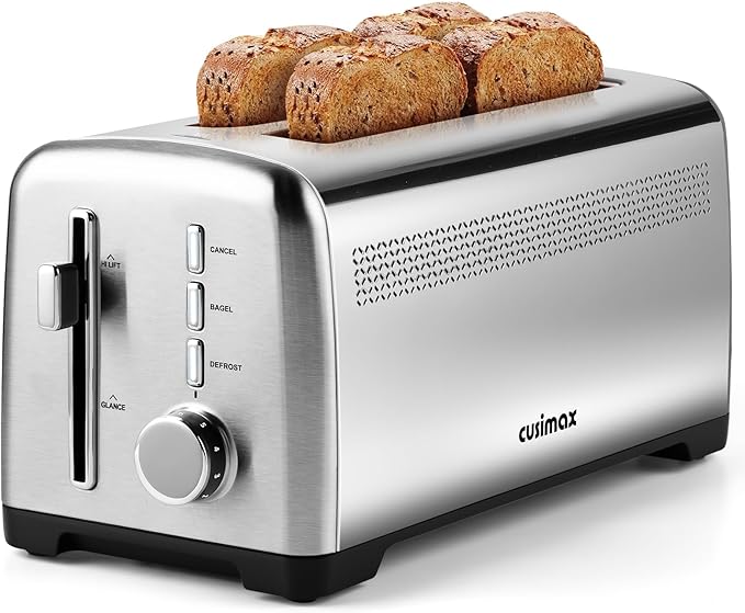 4 Slice Toaster, CUSIMAX Long Slot Toaster for Sourdough, Stainless Steel | High-Lift Quick Glance, Bagel, Defrost & Cancel, 9 Browning Levels, Extra-Long Slots Fit Artisan Bread & Thick Texas Toast
