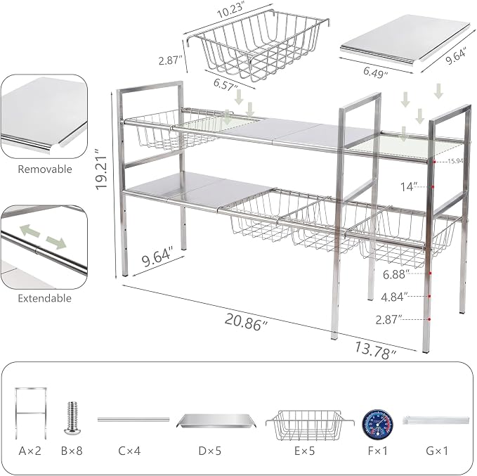 Under-Sink Organizer 2-Tier Expandable Cabinet Storage (5 panels 5baskets) | LED Motion-Sensing Auxiliary Lighting Dial Thermometer Stainless Steel Telescopic & Adjustable Rust-Resistant