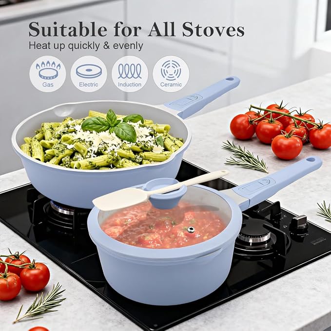 AIKENBBKK Small Sauce Pan with Lid, 1.5 Qt Ceramic Saucepan with Lid, Non Stick Sauce Pan, Milk Pot & Sauce Pot & Saucepan with Pour Spout, Detachable Handle Milk Pan, Induction Compatible, Oven Safe
