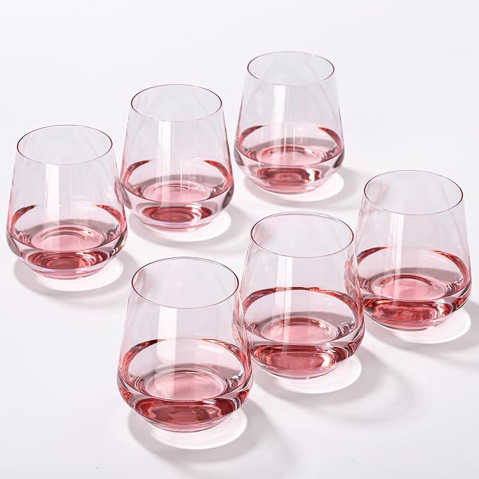 JOVGANK Pink Stemless Wine Glasses Set of 6 - Hand Blown White Red Stemless Wine Glass - 17 oz, [Lead-Free Crystal Glass] Large Short Glass Tumblers, Housewarming Gifts and Mother's Day Gift